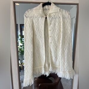 Vintage Wintuk Knit Poncho Button Cape Shawl Sweater with Fringe Trim Off White